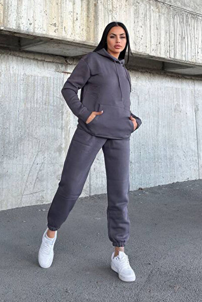 CİDDE Women's Three Thread Kangru Pocket Hooded Compact Combed Cotton Inside Sha Fleece-Lined Tracksuit Set