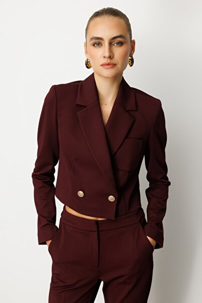 Ekol Kruvaze Yaka Crop Ceket Bordo 5029-26k
