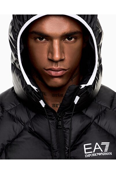 EA7 Men's Quilted Hooded Water Repellent and Breathable Fabric Duck down Filled Black Jacket 7m0010