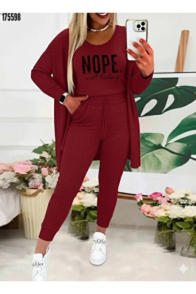 JANES Women's Strappy Round Neck Lettered Viscose Two Thread Blouse Jacket and Pants 3-Piece Set