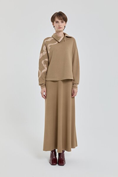 Nihan Deri Nakışlı Etek Bluz Takım Vizon