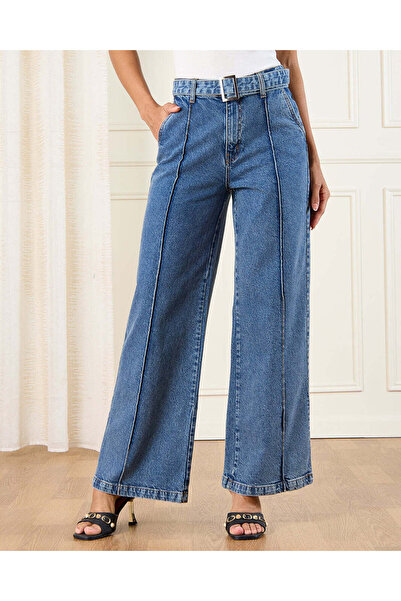 REDTAG بنطلون جينز نسائي أزرق بحزام أمامي أرجل واسعة