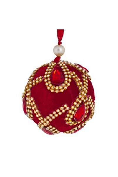 SHOPIENS Ornament de Crăciun pentru brad - Glob roșu din catifea cu strass și cristale Ø8 cm