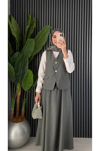 Molly Nelly Women's Elegant Vest Flared Skirt Gray Hijab Set