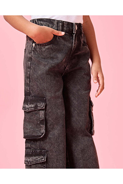 REDTAG Girls Black Cargo Pocket Wide Leg Jeans