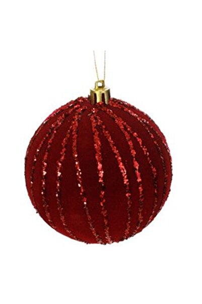 SHOPIENS Christmas Tree Ornament - Velvet Burgundy Bauble with Vertical Stripes & Blue Glitter Ø8 cm