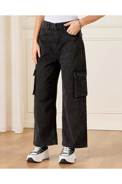 REDTAG Senior Girls Black Cargo Pocket Jeans
