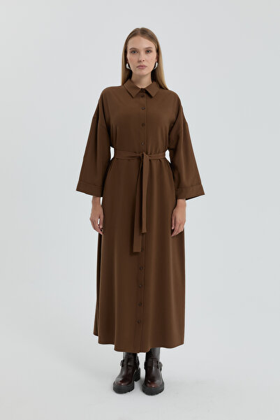 Nihan Önden Düğmeli Kuşaklı Modal Elbise Açık Kahve