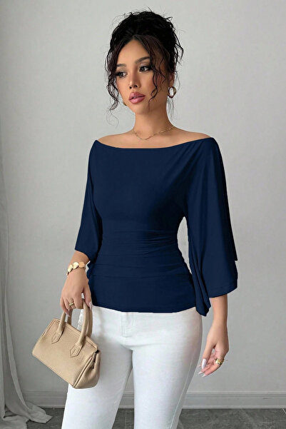 COOL TARZ Women's White Boat Neck Flare Sleeve Draped Fit Blouse