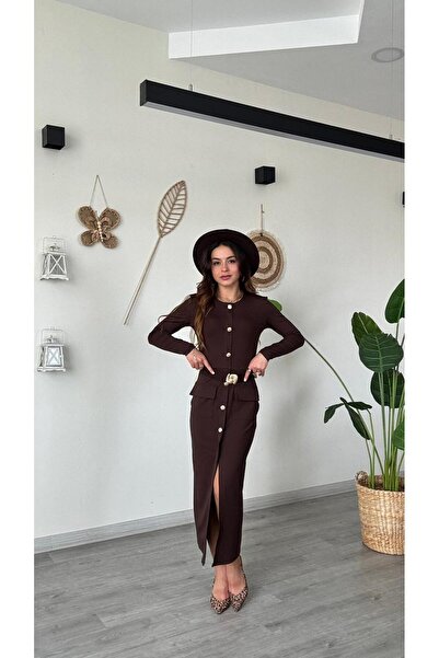 modadagiyim Slit Premium Model Midi Very Stylish Dress with Special Button Buckle Detail and Pockets
