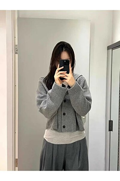 LOTUS CITY Women's Gray Turn-Down Collar Buttoned Knitwear Cardigan