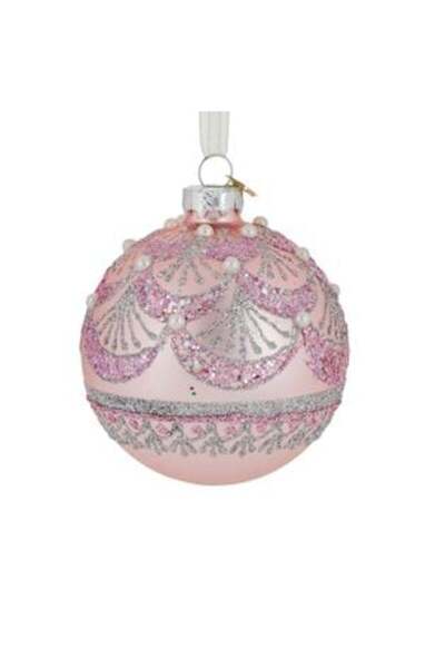 SHOPIENS Glob de Crăciun din sticlă - roz perlat cu sclipici roz și argintiu ...