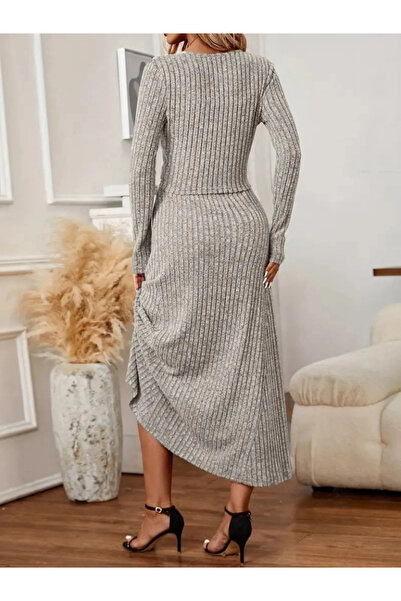 MODA Women's long sleeve front button blouse and high waist a-line long skirt raised rib knit double set