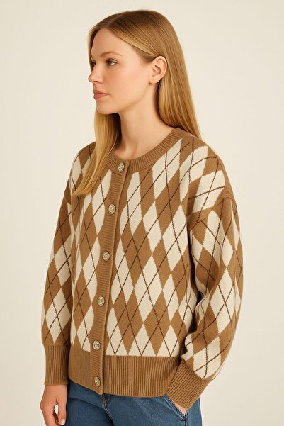 Sfg Life Moda Women's Diamond Patterned Jacket Cardigan with Gold Buttons on the Front