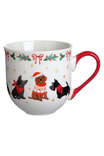 SHOPIENS White Christmas Ceramic Mug with Dog Pattern & Red Handle 450 ml