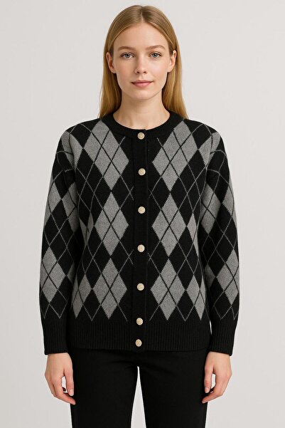 Sfg Life Moda Women's Diamond Patterned Jacket Cardigan with Gold Buttons on the Front