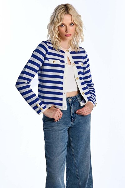 SHERIN Cobalt Button Detailed Striped Knit Sweater