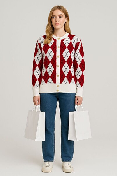 Sfg Life Moda Women's Diamond Patterned Jacket Cardigan with Gold Buttons on the Front