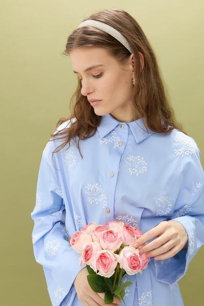 Nihan Beli Büzgülü Kolları Katlamalı Pamuk Elbise Mavi