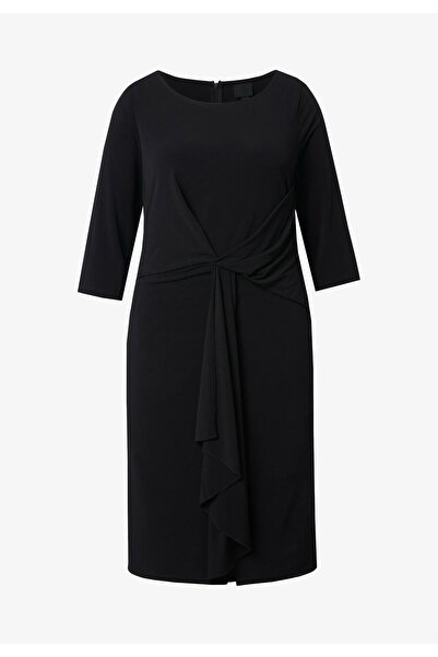 Şans Kadın Büyük Beden Siyah, Drapeli, 3/4 Kollu Midi Elbise 65N39214