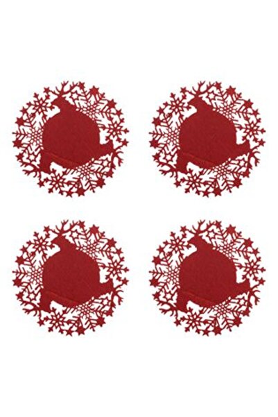 SHOPIENS Red Felt Coaster Set with Reindeer, Snowflakes and Stars Ø12 cm - 4 pcs