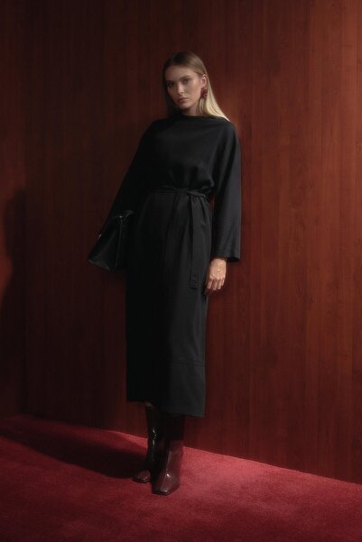 Nihan Beli Kuşaklı Modal Elbise Siyah