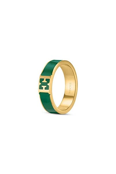 Escada Scarlett Gold Plated Ring with Logo Cutout and Green Enamel Detail