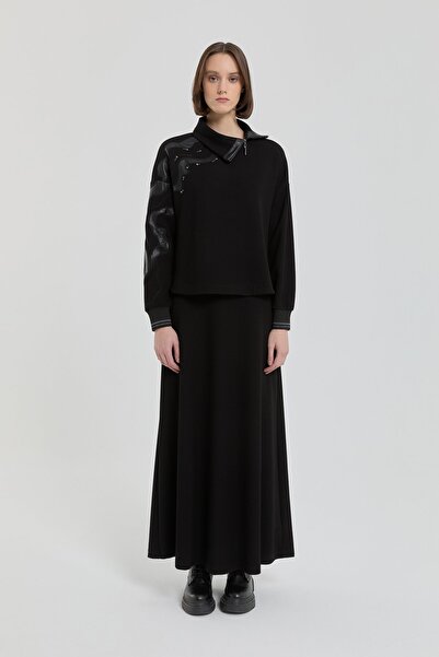 Nihan Deri Nakışlı Etek Bluz Takım Siyah