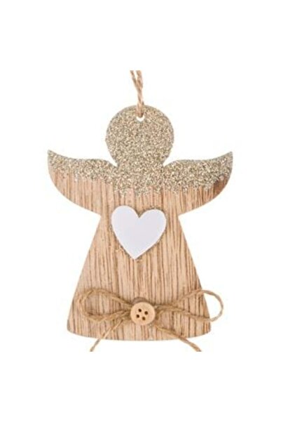 SHOPIENS Ornament de Crăciun din lemn - Înger cu sclipici bej, 10 cm