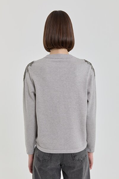 Nihan Omuzları Taşlı Kısa Triko Hırka Gri