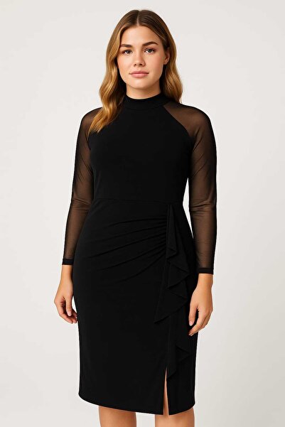Şans Kadını Büyük Beden Siyah, File Kollu Volanlı Elbise 65N39215