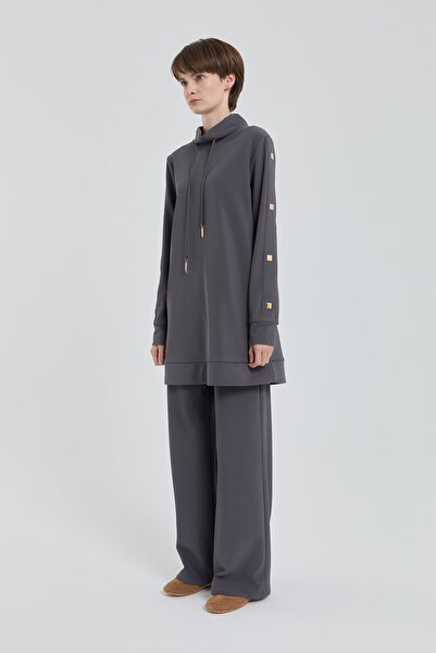 Nihan Parlak Taş Detaylı Örme Pantolon Tunik Takım Füme