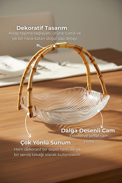 Bambum Cestino Bambu Kulplu Cam Dikdörtgen Sunum Tabağı Dalgalı Desen