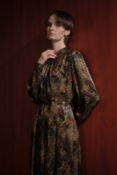 Nihan Kuşaklı Jakar Elbise Haki