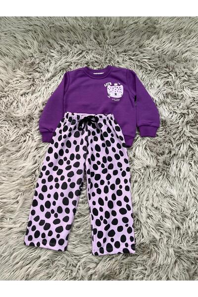 Cyber Children's 100% Cotton Leopard Patterned Front and Back Detailed Patterned Wide Leg Tracksuit Set