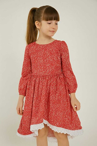 TR فستان بناتي بقصة غير متماثلة من الدانتيل – أحمر