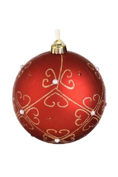 IRO Christmas Tree Ornament - Matte Red Ball with Gold Floral Pattern, Beads & Rhinestones Ø15 cm