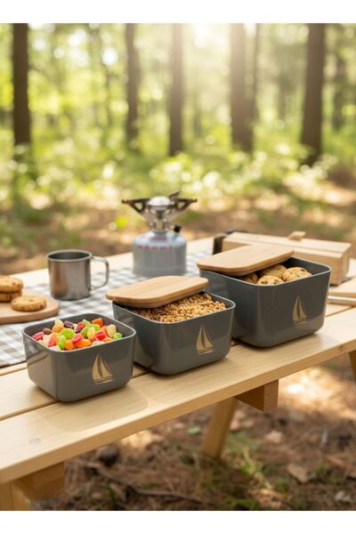 CEM HOME Natural Wooden Lid Marine Triple Set Storage Container Lunch Box (3-Piece)