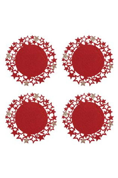 SHOPIENS Felt Coaster Set Red with Beige Champagne Glitter Stars Ø12 cm - 4 pcs