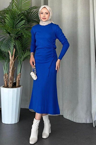 Tesettür Diyarı Gathered Side Knitwear Hijab Dress - Cobalt Blue