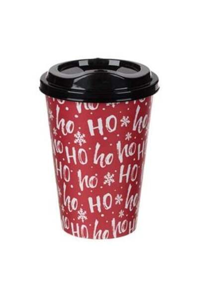 SHOPIENS Christmas Red Plastic Cup with Black Lid 'Ho Ho Ho' 500 ml