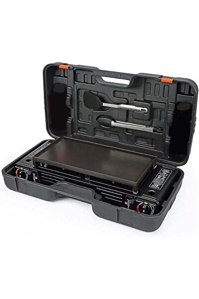 Generic موقد غاز محمول مزدوج الشعلات مع لوح شواء من المعدن المصبوب - مثالي للتخييم وحمل الحقائب، بما في ذلك