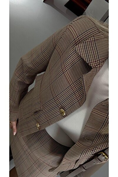 Sezgi Tekin Златен копчеен детайл Кафеникаво карирано сако
