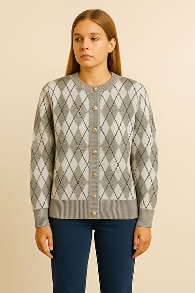 Sfg Life Moda Women's Diamond Patterned Jacket Cardigan with Gold Buttons on the Front