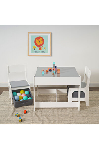 GINGER HOME Table set with 2 wooden chairs with storage space and chalkboard White/Grey