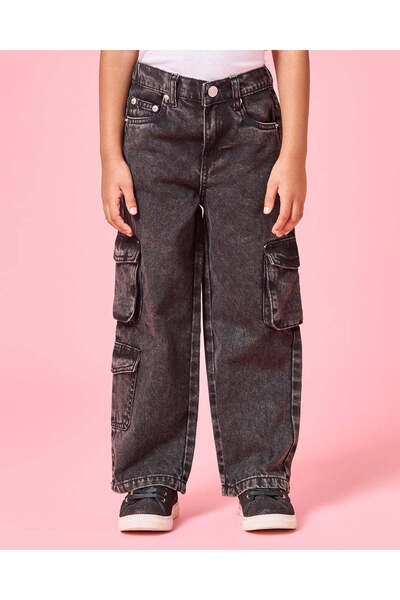 REDTAG Girls Black Cargo Pocket Wide Leg Jeans