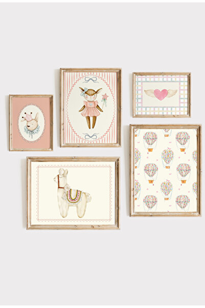Kids Vintage Pembe ve Bej Tonlarında Kız Bebek Odası Duvar Sanatı Çerçeveli Poster Seti
