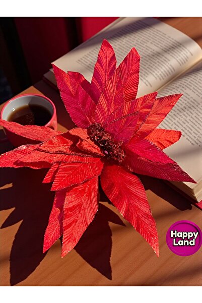 Happyland Yılbaşı Süsü Yapay Simli Papatya Ponsetya Kırmızı 60 cm Büyük Boy A...