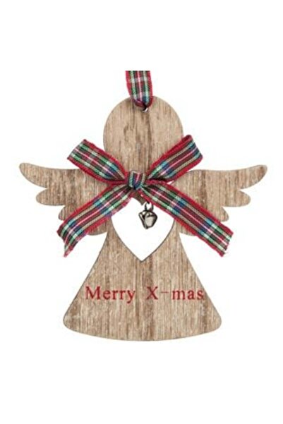 SHOPIENS Ornament de Crăciun din lemn - Înger cu clopoțel și panglică în caro...