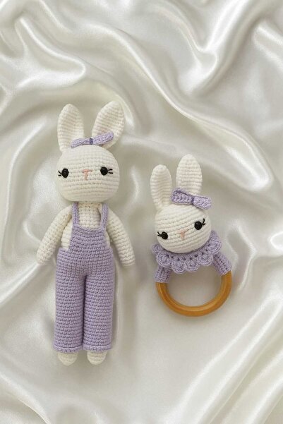 Jaju Baby Amigurumi Mor Tavşan ve Çıngırak Set